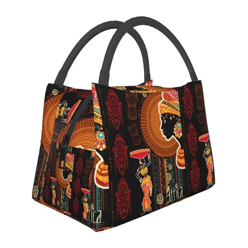 African Elements Pattern Insulated Lunch Bags Women Africa Culture Lunch Container for Outdoor Picnic Storage Meal Food Box
