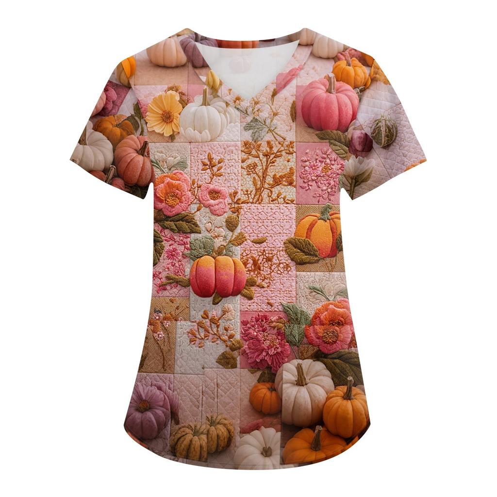 Women's Printing Uniform Work Uniform V-neck Pockets Basic Short Sleeve Pullover Top