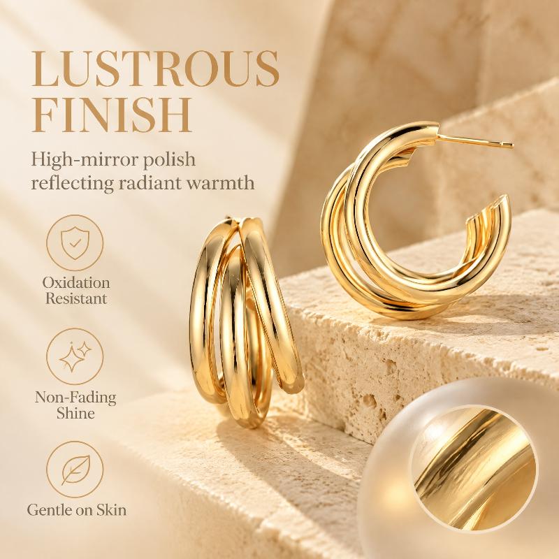 Gold Plated Triple Open Hoop Earrings Polished Shiny Surface Perfect For Daily Wear Office Party Travel