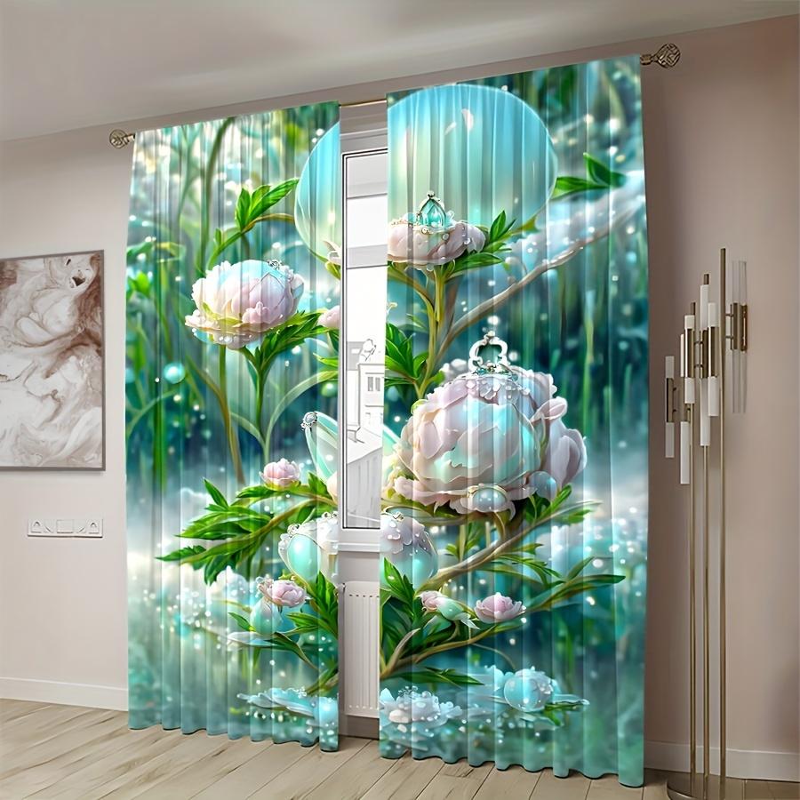 

2 шт. Зеленый Пион Цифровая Печать Занавеска Кристальные Колокольчики Ветра Утолщенная Матовая Занавеска Оконная Занавеска Для Гостиной Спальни (110W214H)x2(CM)&Grommet Top