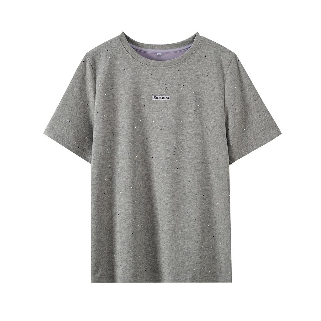 2026 summer round neck front shoulder T-shirt fat mm large size women's clothing casual slightly fat and thin short-sleeved top 134115