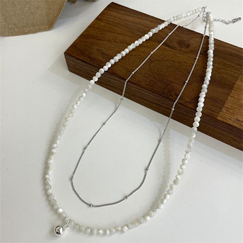 S925 Sterling Silver Double Layer White Shell Round Ball Necklace - Minimalist High-End Korean Spring/Summer Design.