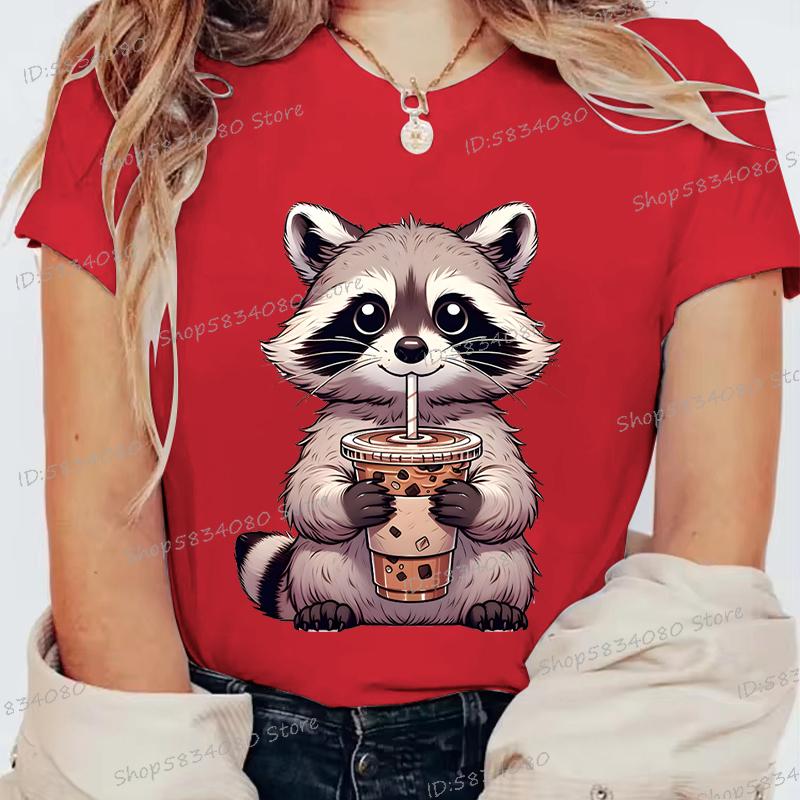 Summer Round Neck 3D Raccoon Pattern Print Top Fashionable Casual Short Sleeved Women's T-shirts