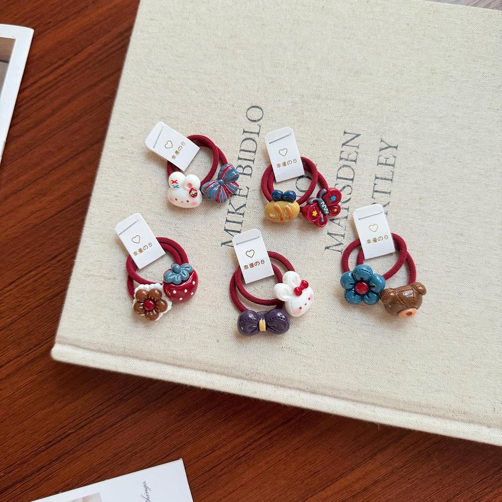 Retro Cartoon Hair Ties for Girls - Colorful Rubber Bands and Leather-Covered Baby Hair Accessories