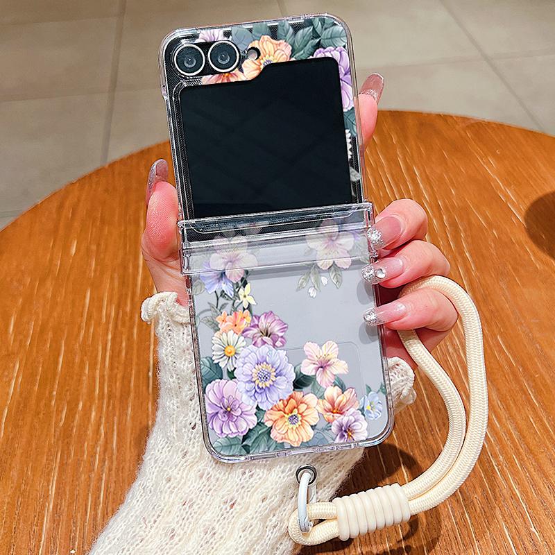 Wrist Strap Lanyard Phone Case For Samsung Galaxy Z Flip7 Flip6 Flip5 Flip 7 FE 6 5 4 3 5G Pink White Flower Pattern Clear Cover