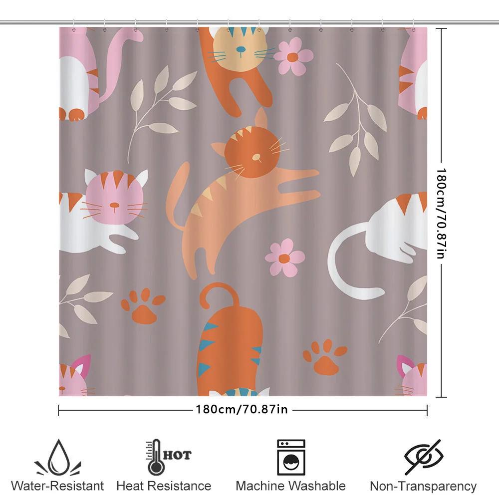 Whimsical Cat Shower Curtain Pink Orange Floral Print Fabric For Bathroom Decorations Non-Slip Hook Rods Included