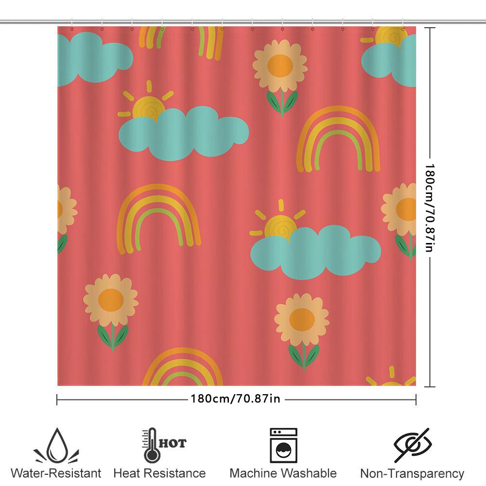 Pink Shower Curtain With Sunshine Clouds Rainbow Flowers Decorative Waterproof Bath Mat Room Home Decoration Printing Size: 180X