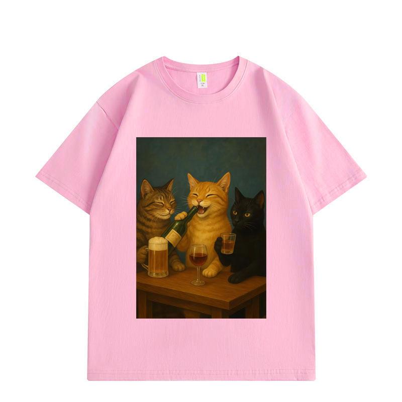 Funny Drinking Cat Meme Graphic T-shirts High Street Fashion Trend Short Sleeve T Shirts Men Women Casual Loose T-shirt