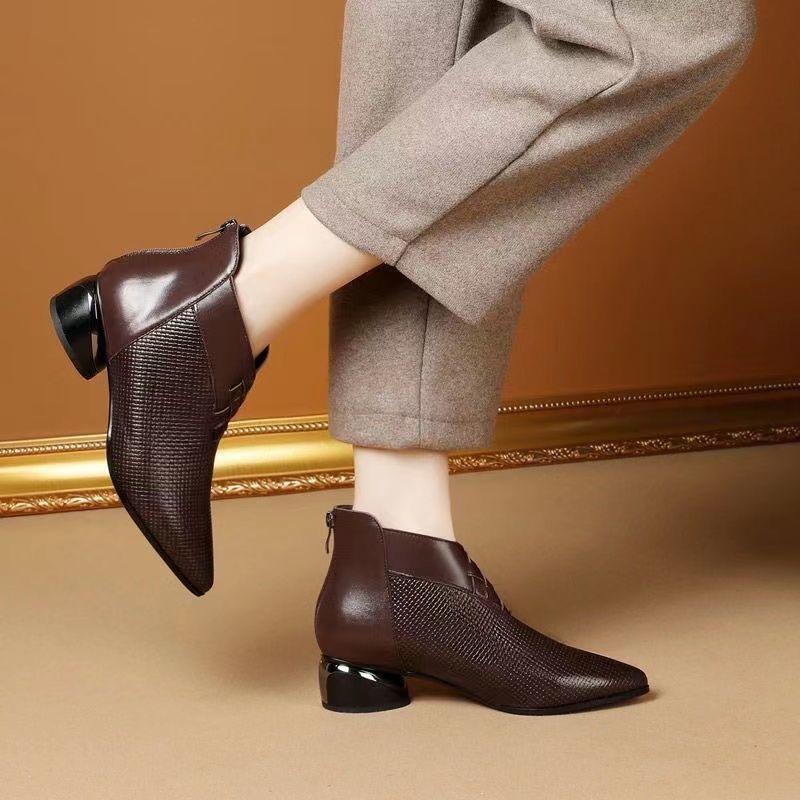 Fall/Winter New Women'S Pointed Toe Chunky Heel Ankle Boots - Patchwork Rear Zipper Booties, Fashion Boots For Mothers