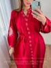 EDOLYNSA Rød bohemsk brodert front åpen Langermet strandkjole LongTunic Dame Plus Size Beachwear Badedrakt Cover Up Q1010
