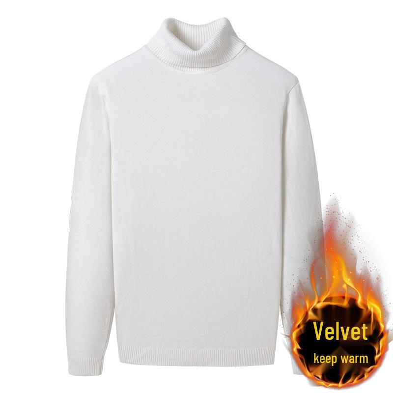 Men's Ribbed Wool High-Neck Sweater with Fleece, Warm Knitted Long Collar for Autumn and Winter