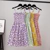 2023 Sommer Blumenbedrucktes Chiffon Mini Kleid Damen Lässig Mode Spaghetti Träger Ärmellos Elastisches Hochtaillenkleid