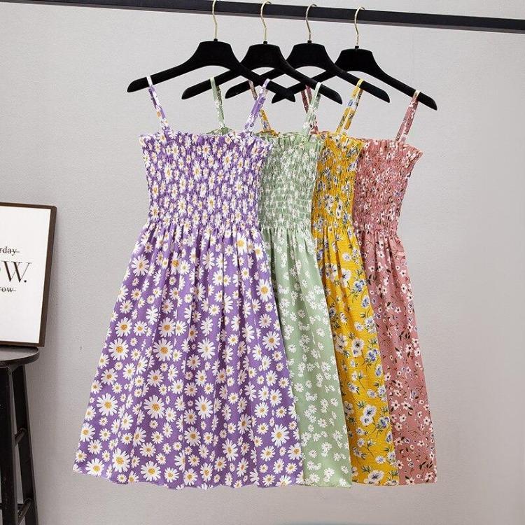 2023 Sommer Blumenbedrucktes Chiffon Mini Kleid Damen Lässig Mode Spaghetti Träger Ärmellos Elastisches Hochtaillenkleid