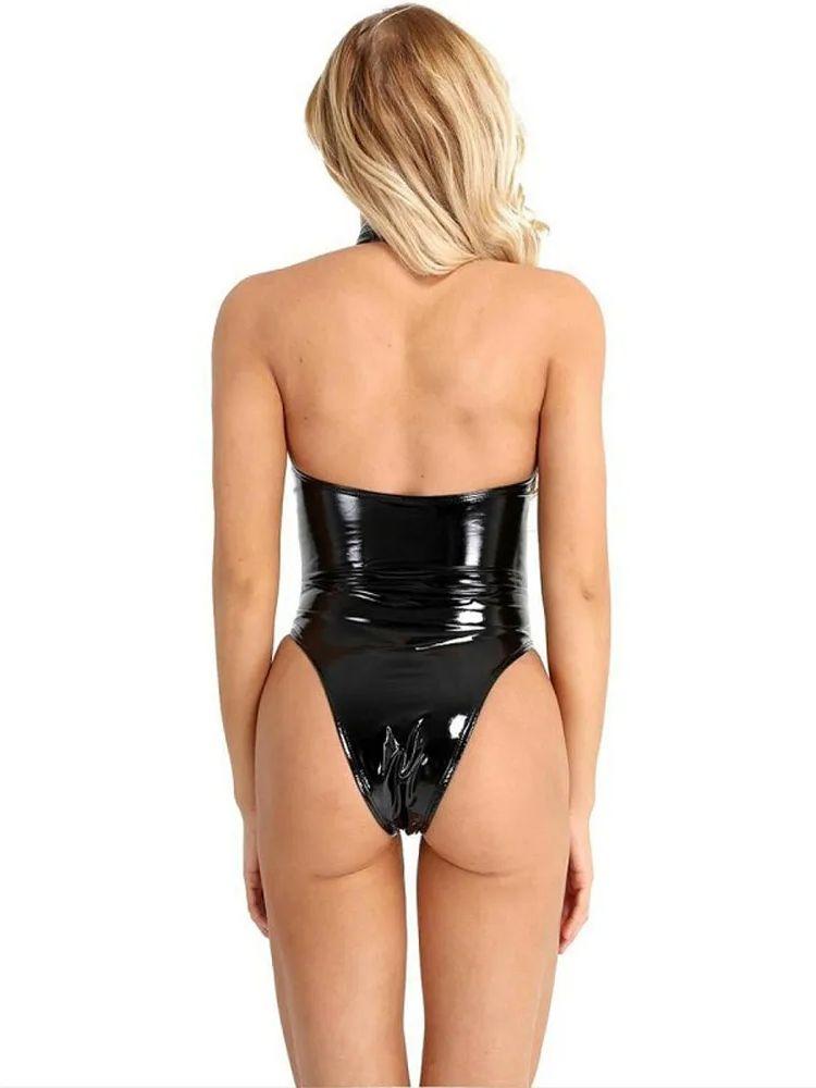 S-4Xl Halter Backless Swimsuit Faux Shiny Pu Leather Zipper Open Crotch Bodysuit Wet Look Pvc Catsuit Tights Sexy Body Teddies