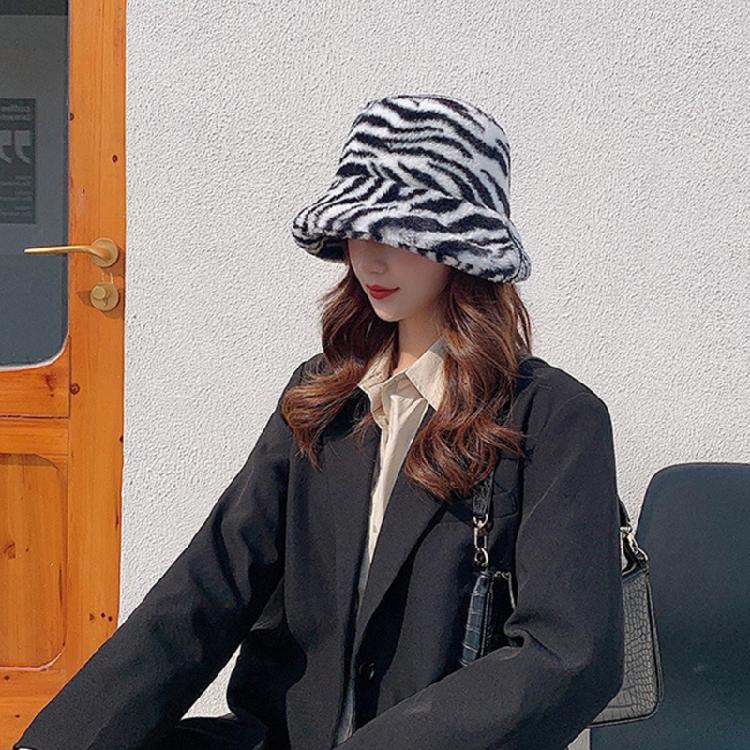 Zebra Grain Ornamented Hats with Flat Top & Wide Brim for Winter Warm Keeping