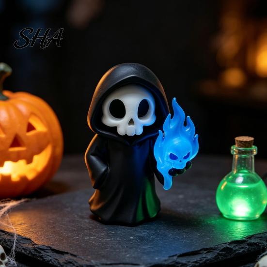 High Quality 3D Prints 9Pcs Grim Reaper Figurines, Cool Skull Skeleton Statues, Gothic Dark Halloween Bedroom Decoration for Home Desk, Spooky