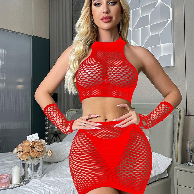 Damen Sexy Dessous Unterwäsche Anzüge Ausgeschnitten Fischernetz Enges Netz Langärmelig Erotische Unterwäsche Durchsichtige Oberteile Hüftrock