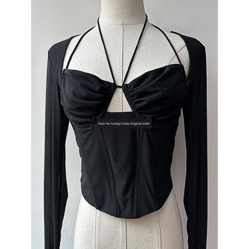 Foreign Trade Original Order Large Sexy Black Mesh Early Autumn Fishbone Long Sleeves Silm Midriff-Baring Top Sexy Square-Cut Collar