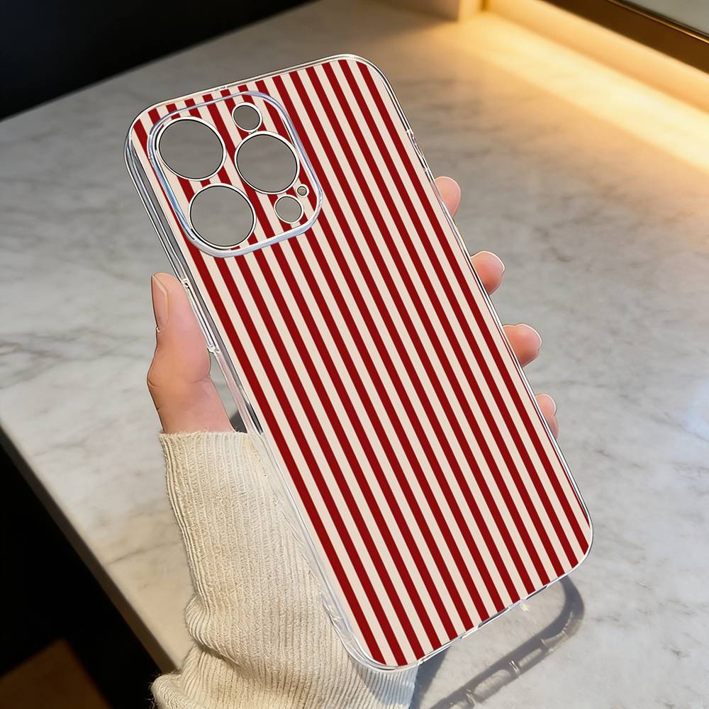 B-Burgundy White Stripe P-pattern Phone Case Transparent Silicone Soft For iPhone 17 16 15 14 13 12 11 Mini Pro Max Plus