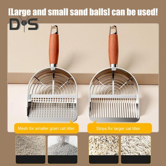 Katzenstreuschaufel aus Metall mit Halter, Haustierkotschaufel mit ergonomischem Holzgriff, schnelle Siebschaufel, Katzenbedarf