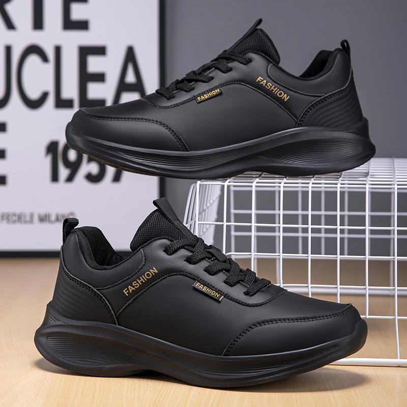 

Sneakers Men s black casual leather outdoor lightweight soft-soled shoes thick-soled non-slip and wear-resistant running shoes 45 чёрный