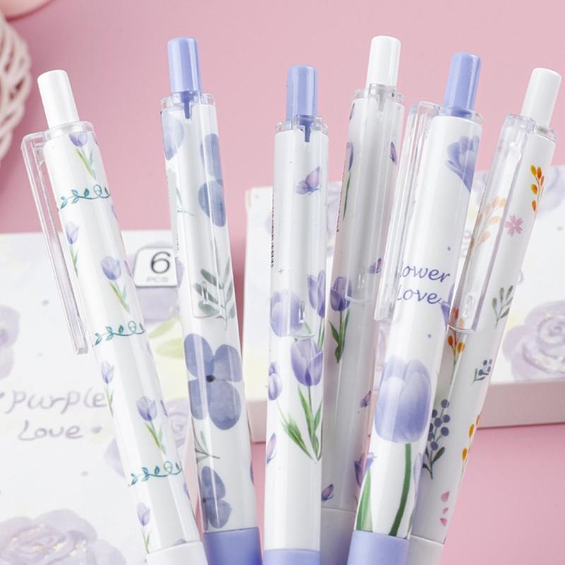 6Pcs Flower Print Gel Pen 0.5MM Tip Quick Dry Ergonomic Grip Retractable Gel Pen Office Supplies for Writing Journaling