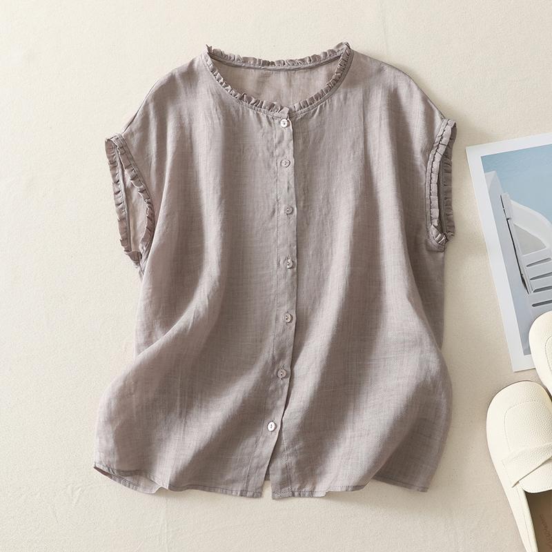 Japan Korean Style Summer Solid Color Cotton Linen Shirt Women O-Neck Sleeveless Casual Loose Vest Blouse Tops