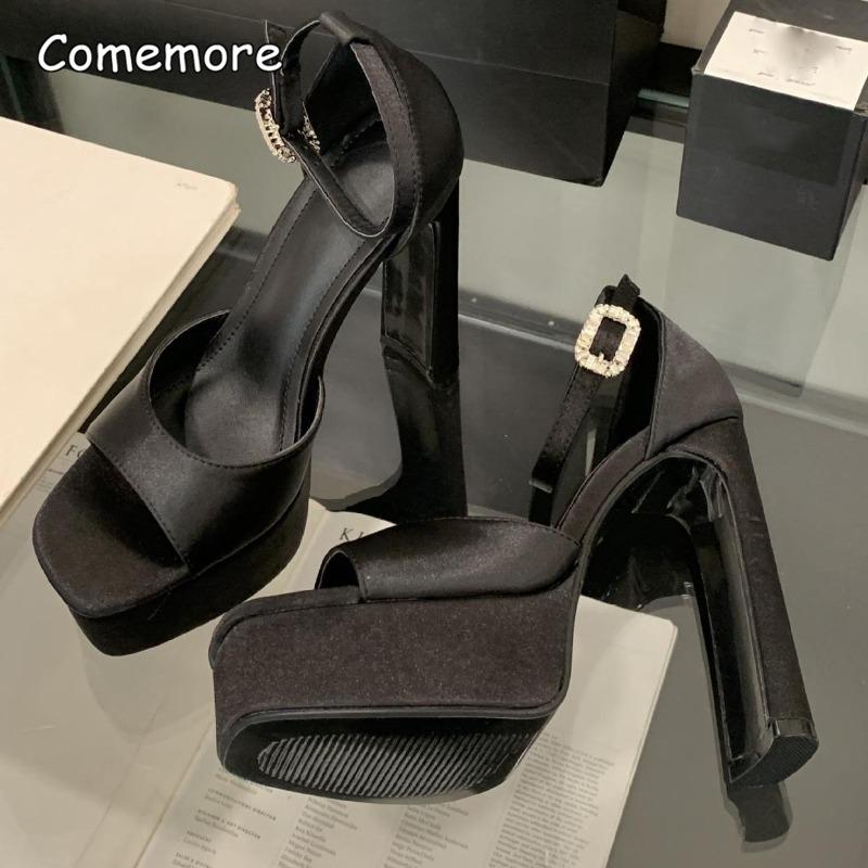 Black Satin 14CM High Heel Sandals Platform Shoes Women's Block Heeled Summer Party Nightclub Sexy Heels for Ladies Sandalias