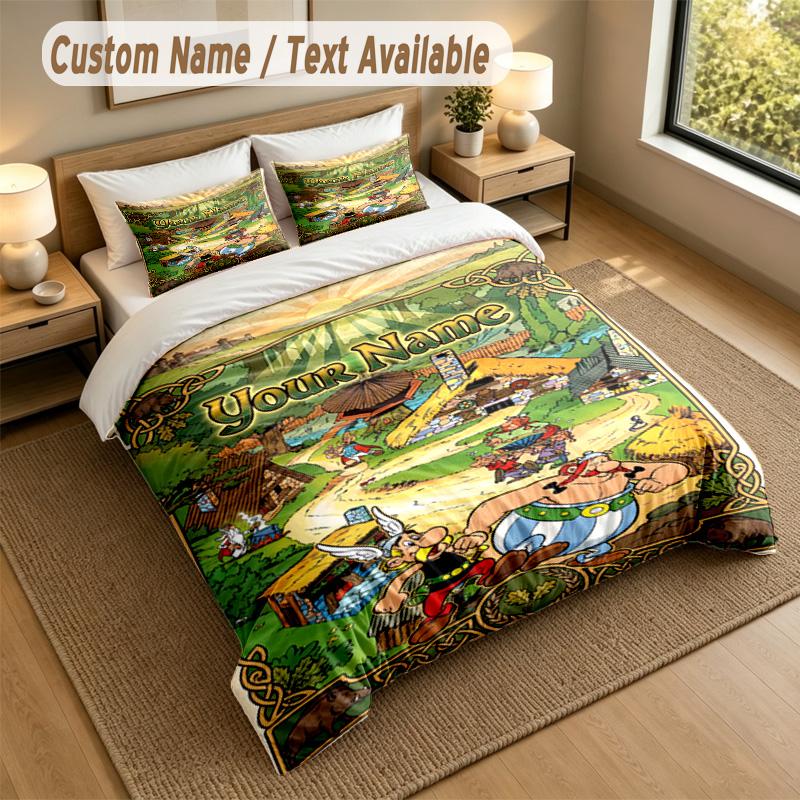 Individuelles Namens-Text Bettwäsche-Set 3-teilig, Asterix & Obelix 1 Bettbezug 2 Kissenbezüge Weiche Bettwäsche Als Geschenk