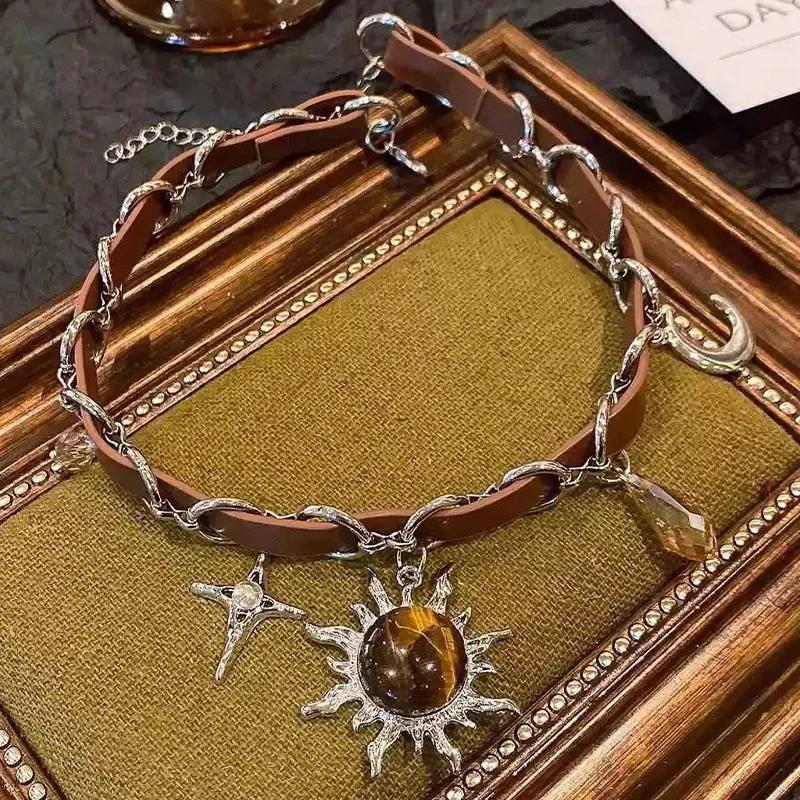2026 New Punk Sunflower Leather Necklace Stars Vintage Pendant Chocker Necklaces for Women Couple Gift Fashion Charm Jewelry