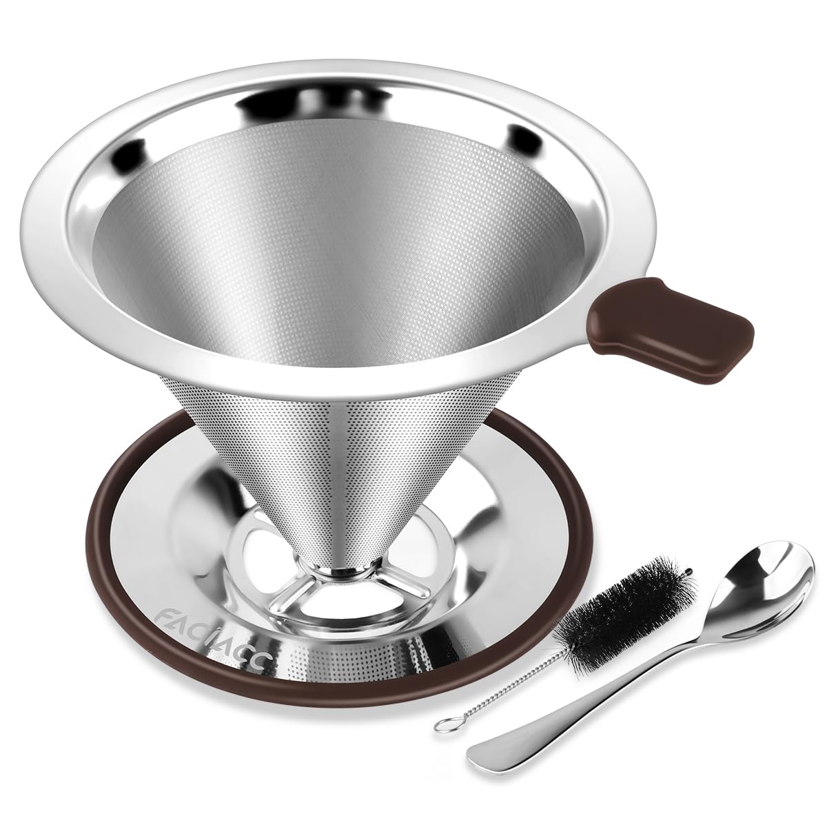 

FACIACC Coffee Dripper Coffee Filter Stainless Steel Filter Slow Coffee Drip 2 Layer Mesh Integrated Cleaning Brush and Spoon Included Paperless срібний