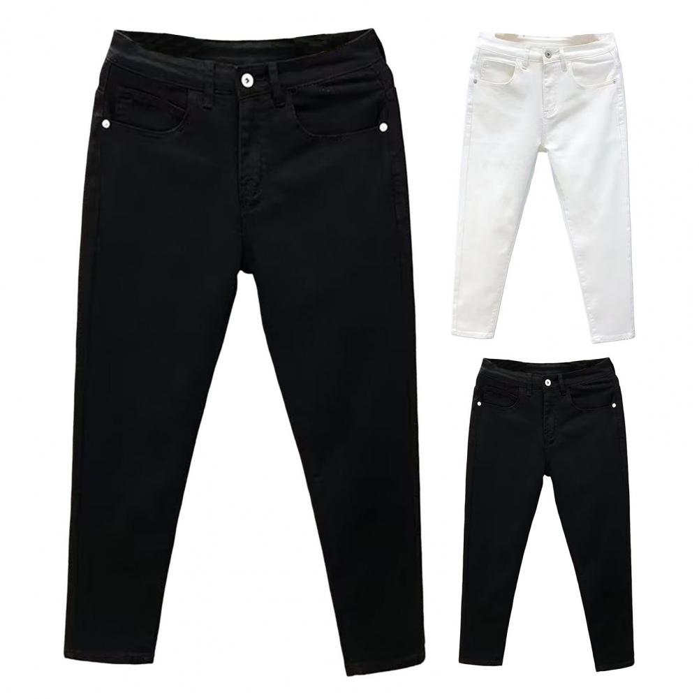 Men Jeans Buttons Zipper Fly Slim Fit Small Leg Jeans Solid Color Multi Pockets Design Stretchy Denim Pants