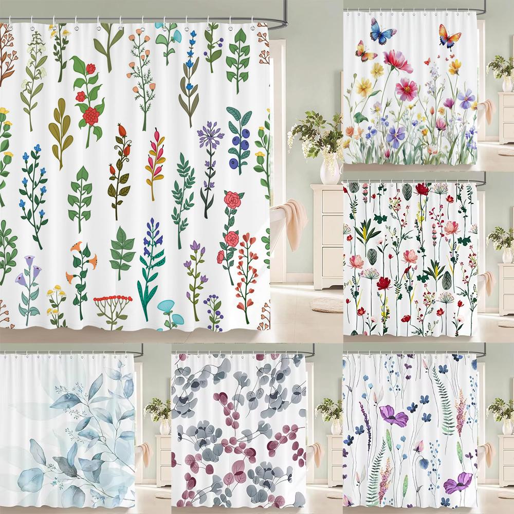 Eleganter Blumenvorhang 180x180cm Floral bedruckter Duschvorhang Polyester Badvorhang Badezimmerdeko Waschbar mit Haken