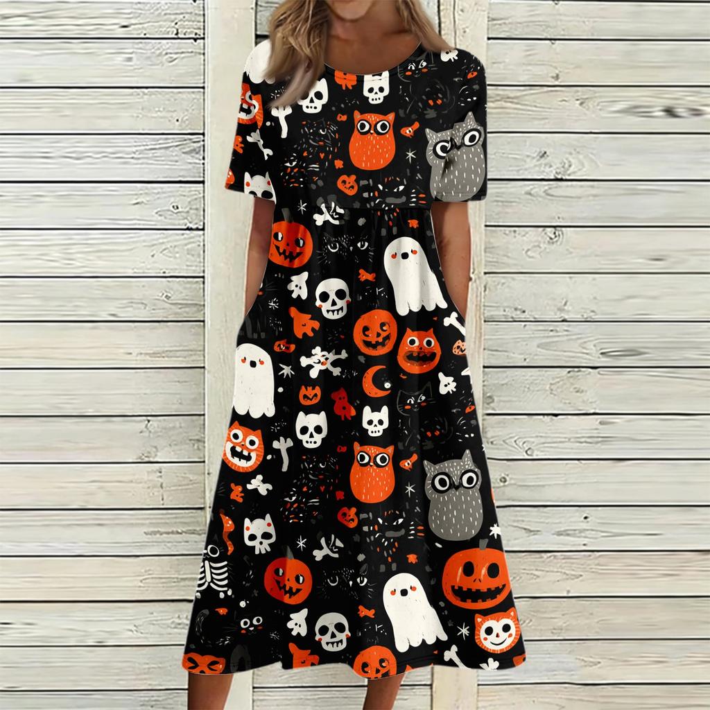 Women's Halloween Print Casual Fashion Round Neck Pocket Midi Dress Comfortable Loose Fit Short Sleeve Dress for Everyday Wear
