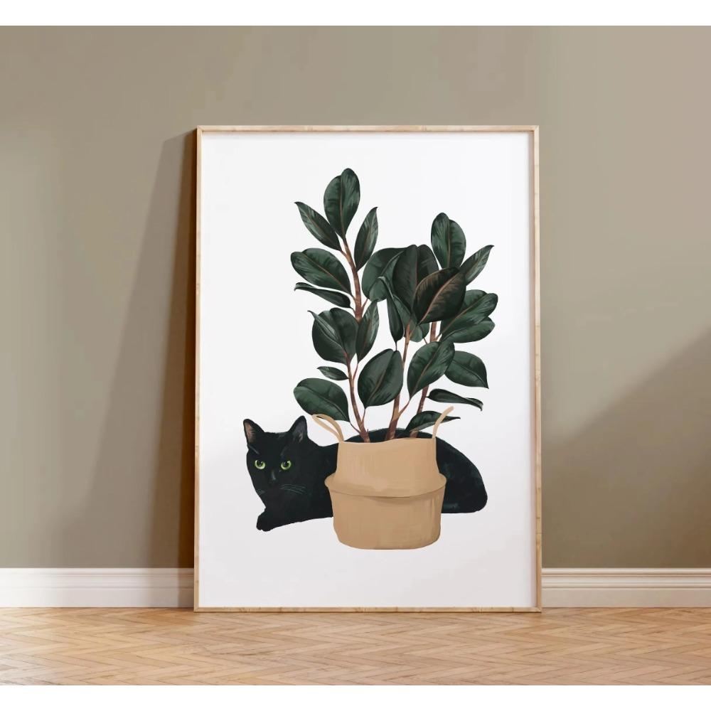 Watercolor Cute Kittens Potted Plant Canvas Print Cartoon Green Plants Animals Wall Art Postes for Modern Living Room Home Decor