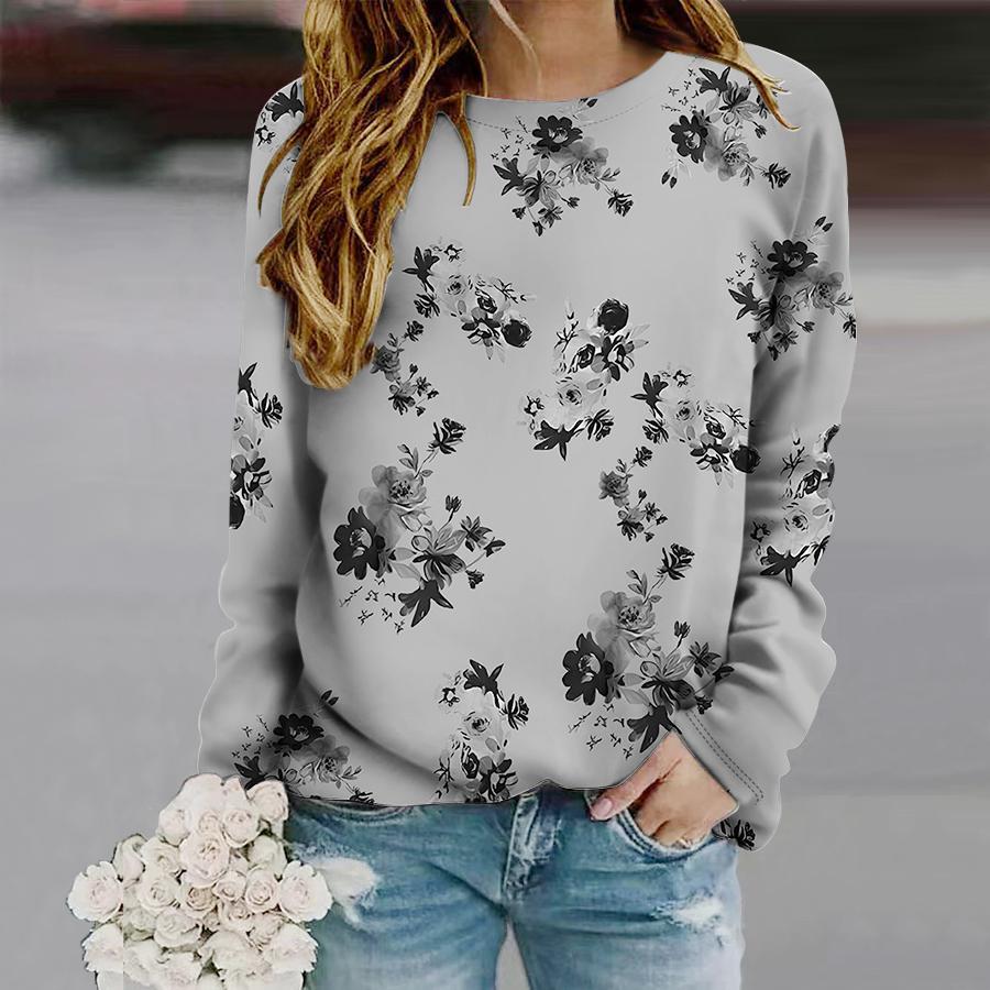 Топы для женщин Красивая роза Принт Круглый вырез Длинный рукав Футболка Осенний — фото 5