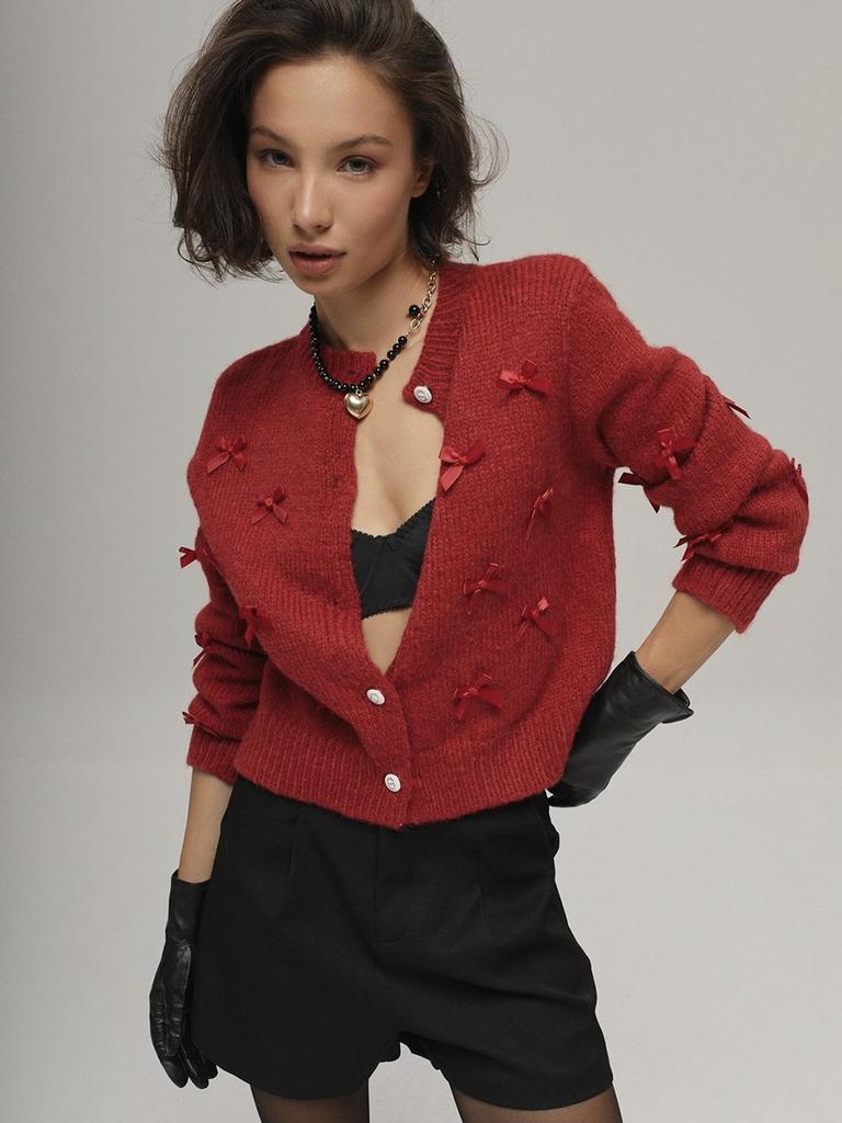 Women's 3D Bow Sweater 2026 New Fall Winter Long Sleeve Cardigan Cute Knit Top White S