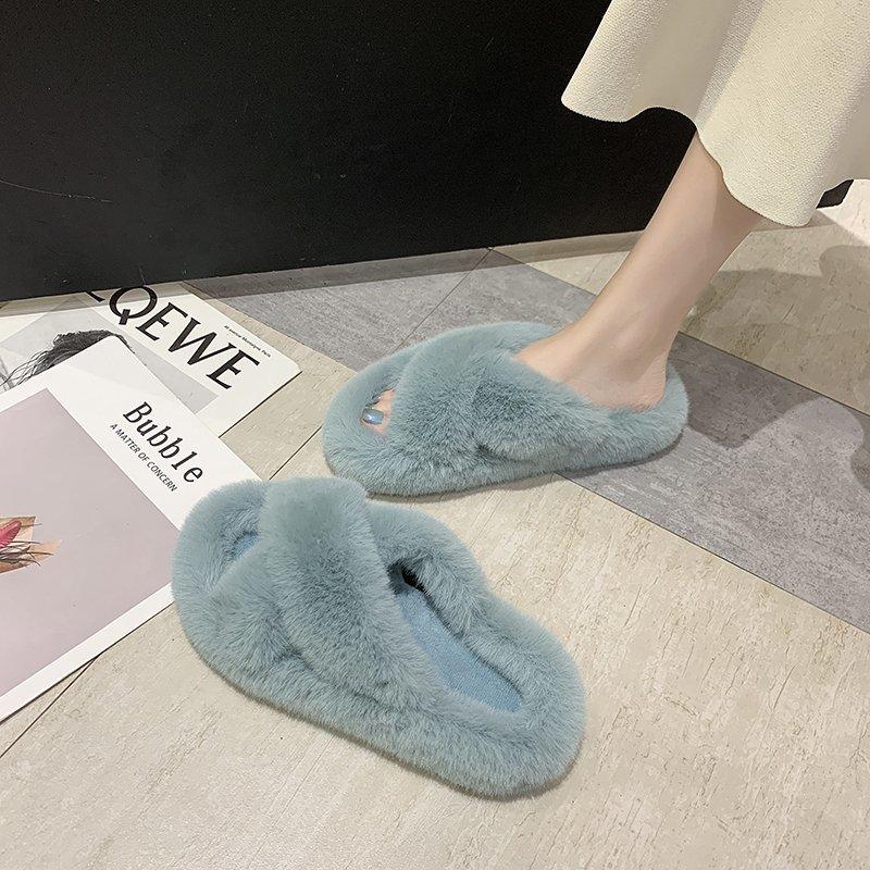 Crossed Plush Thermal Bathroom Casual slippers for Women Platform Anti-slippery Fur Lady Shoes