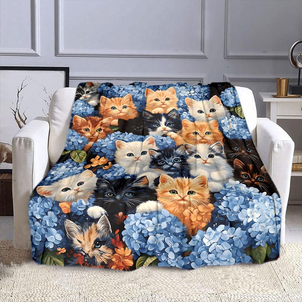 Adorable Kittens Among Hydrangeas Patterned Flannel Blanket Perfect for the Bedroom Living Room, Sofa, or a Little Nap
