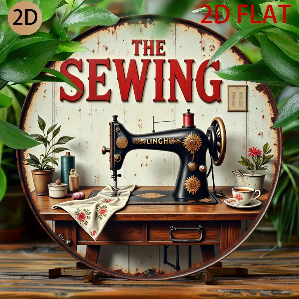 Vintage Sewing Machine Metal Wall Art Sign Rustic Circular Tin Signboard Suitable for Home Craft Room Decor SewingThemed