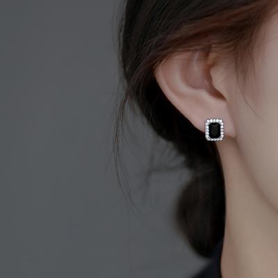 S925 Sterling Silver Black Studs Women's Special-Interest Design High-Grade Square Earrings Earrings
