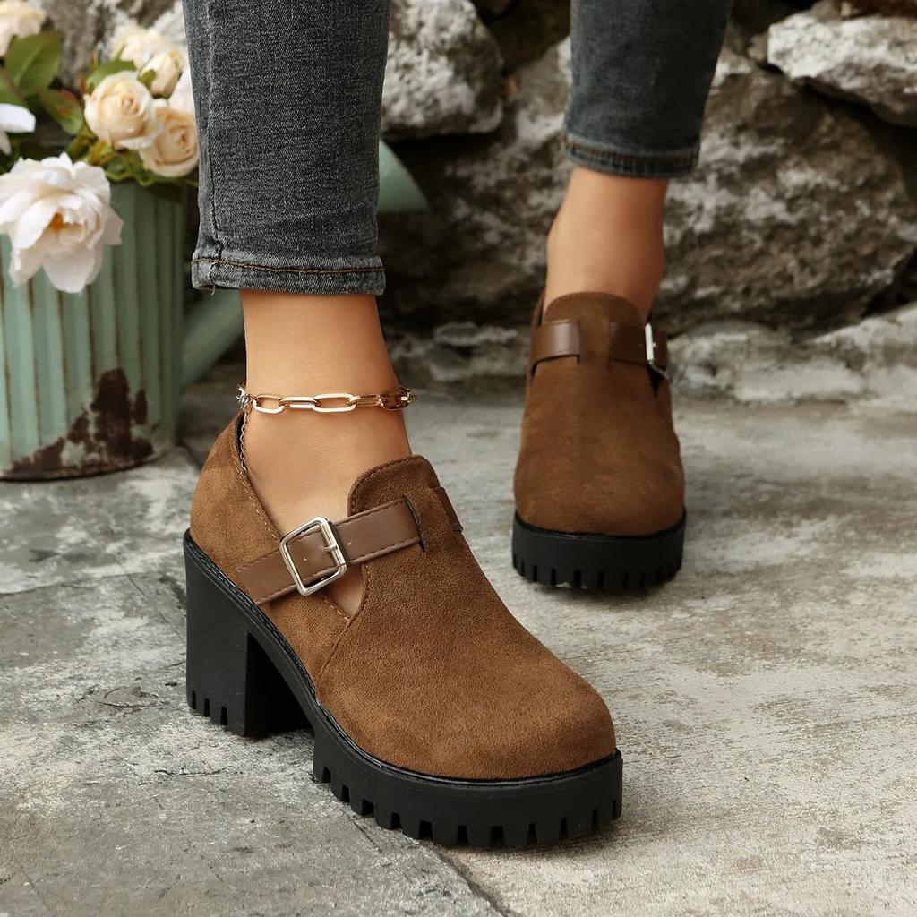Retro Mode Schnalle Design Lässige Grobe Absatz Slipper für Damen Neuer Stil Frühling Flacher Ausschnitt Bequeme Einzelne Schuhe
