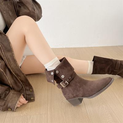 Khaki Retro Pointed Thick Heel Boots Women's  New Autumn Versatile Small Man Height and Thinness Knight Boots