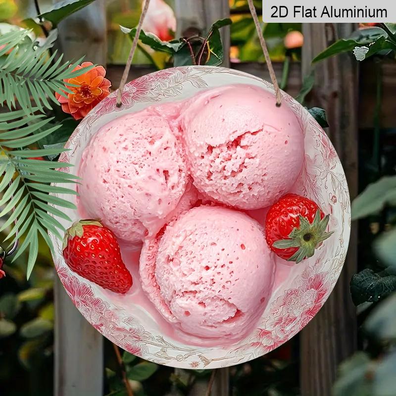 

2D Flat Aluminum 7.87 Inch X 7.87 Inch Strawberry Ice Cream Style Wall Hanging. Suitable for Living Rooms, Kitchens, Bars, Cafes, Clubs, Porches 1pc