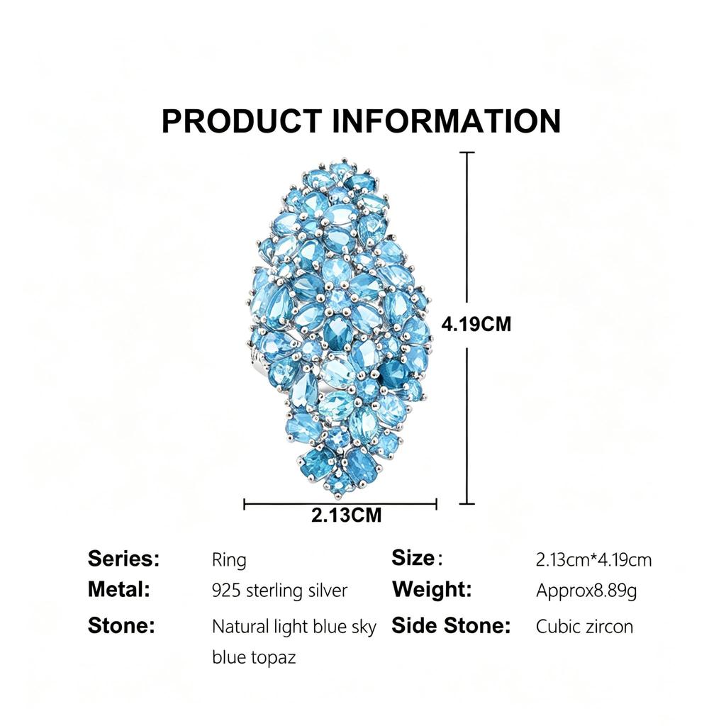 Luxury Silver Ring with 13ct Sky Blue Topaz And Brazilian Gemstones for Women Eye-Catching Colorful Fine Jewelry for Parties