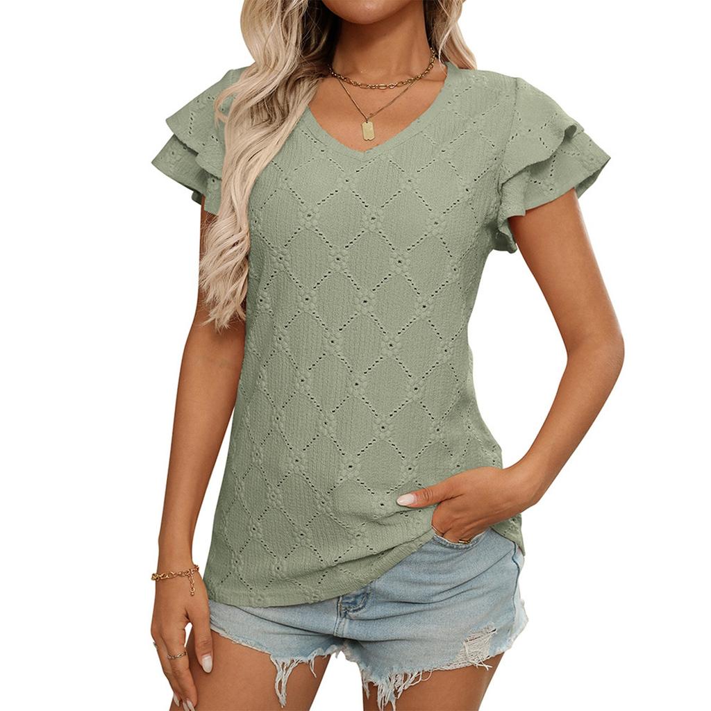 Damenmode Einfarbig V-Ausschnitt Kurzarm Pullover T-Shirt Top