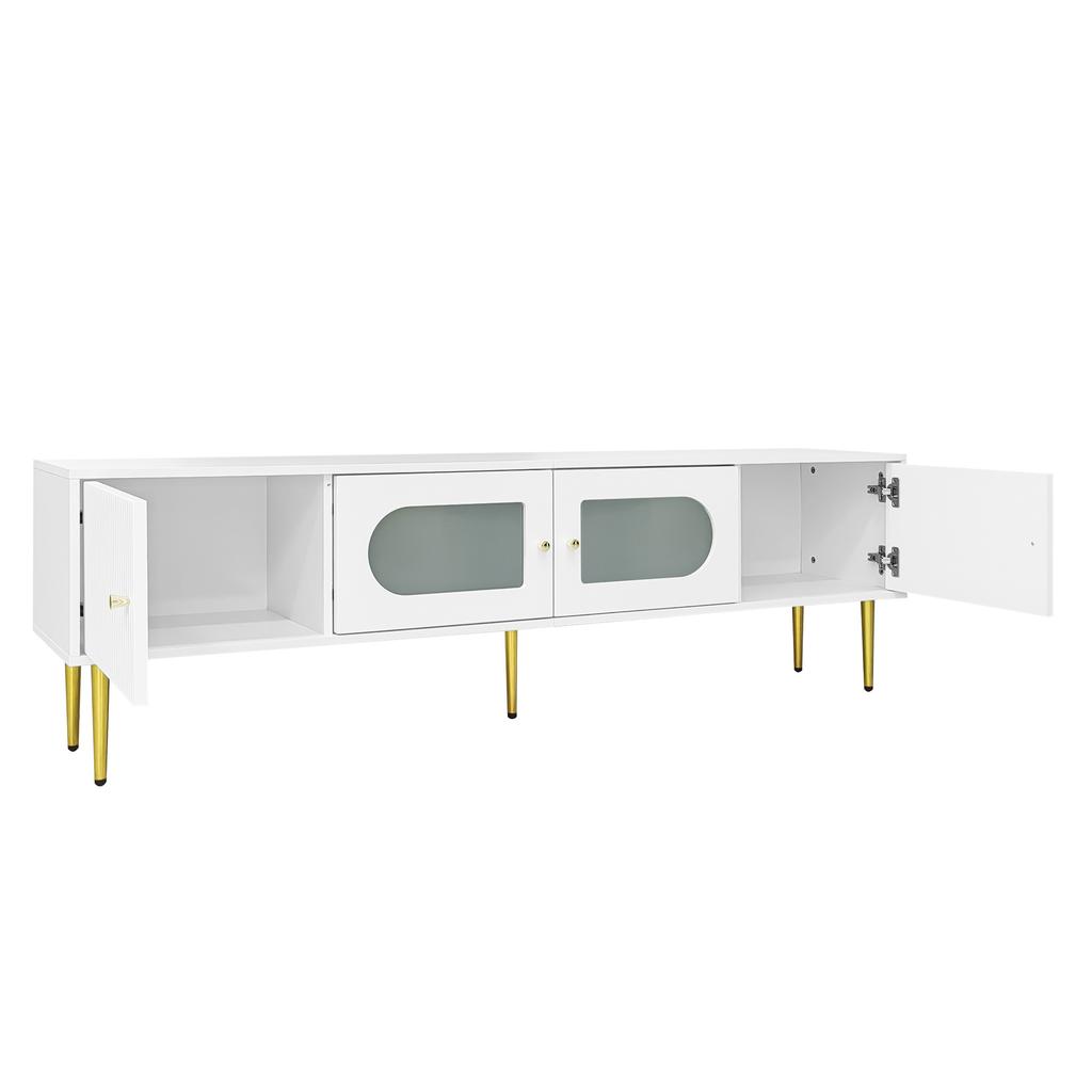Elegant 170*35*50cm TV Cabinet – White Body with Golden Legs and Handles, 2 Doors with Vertical Grooves, 2 Doors with Arched Glass, 35KG Load Capacity
