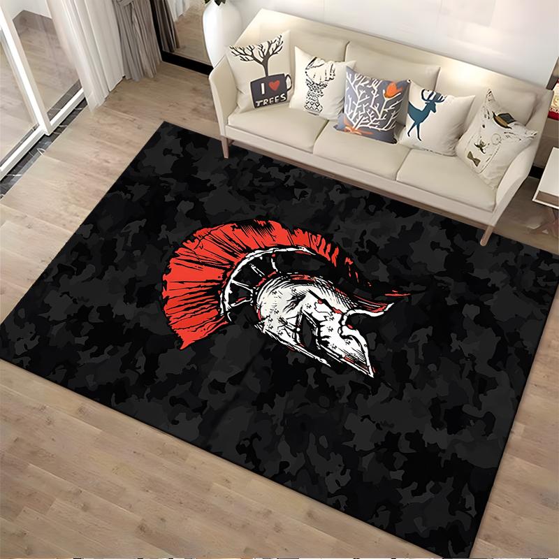 Spartan Helmet Design Carpet with Red Crest on Black Camouflage Background Suitable for use as an anti-slip for living room bedroom sofas