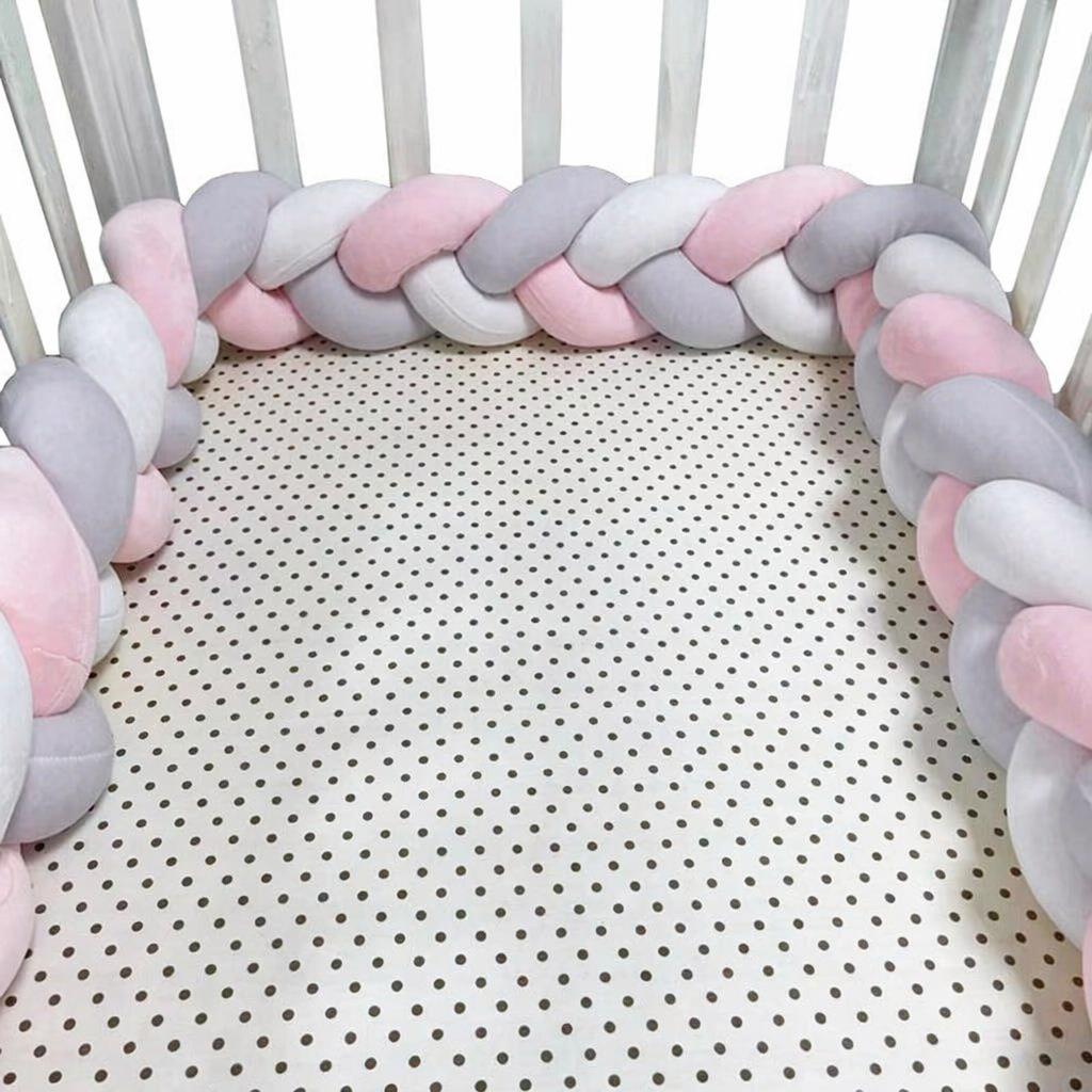 Three-strand knitted crib bumper, cable knit crib bumper