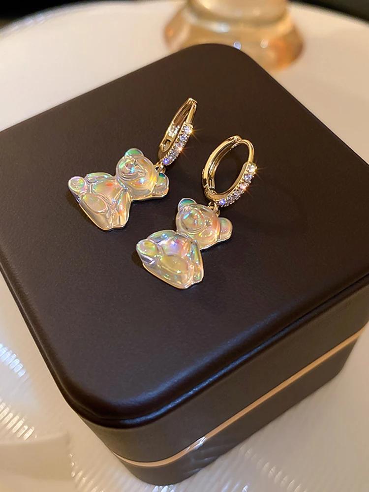 Cute Bear Earrings For Women Shiny Zircon Earrings 2024 New Trendy Golden Copper Drop Earring Party Wedding Zircon Girls Gifts